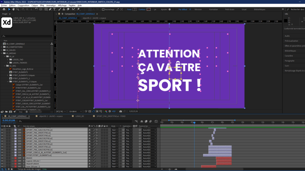 Composition after effects de la vidéo motion design 2D, motion designer sportive, de Julie Martins.