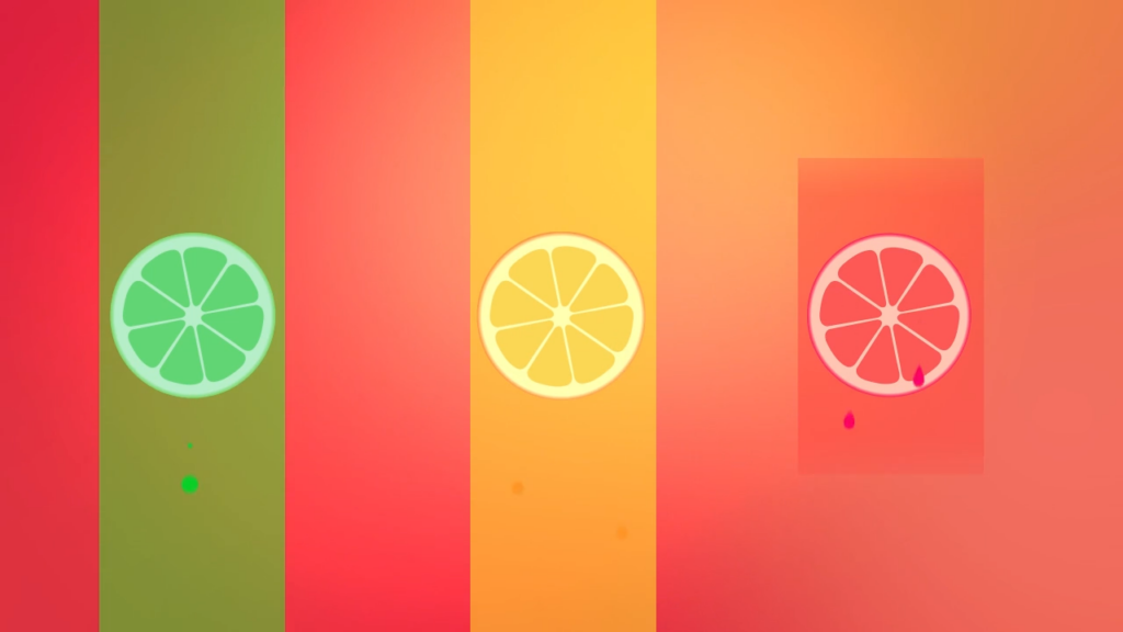 Vidéo motion design 2D de l'animation Schweppes Agrum, fruits colorés, trois fruits sur bandes colorées