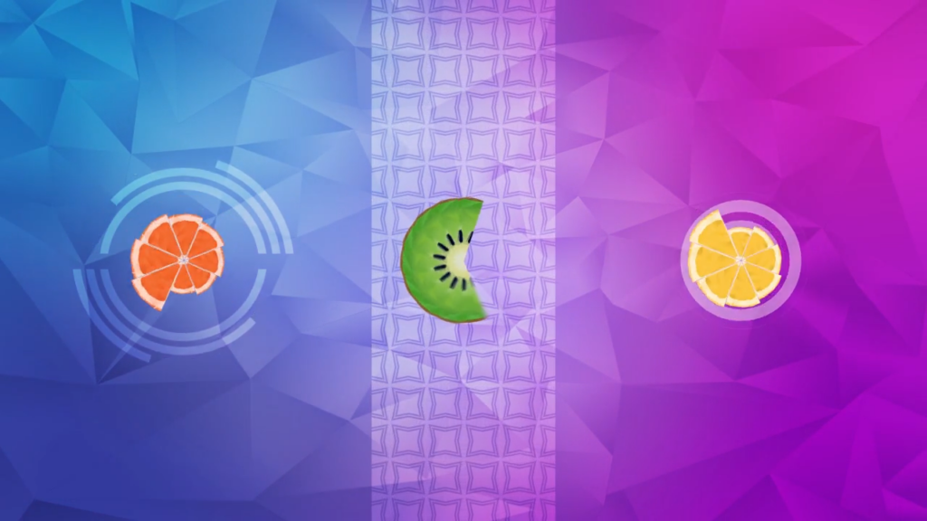 Vidéo motion design 2D de l'animation Schweppes Agrum, fruits polygons sur fond coloré bleu