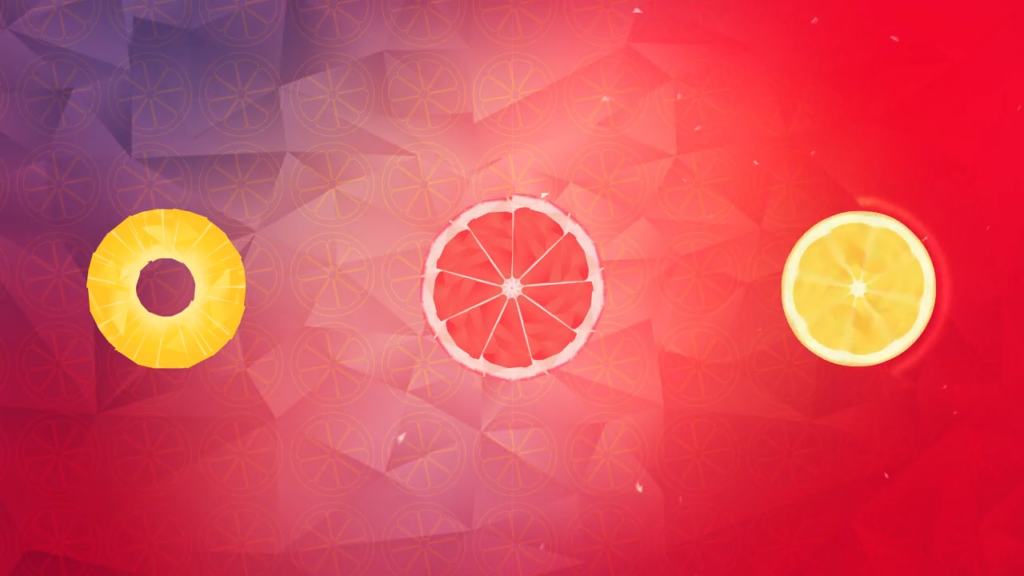 Vidéo motion design 2D de l'animation Schweppes Agrum, fruits sur fond coloré et polygons