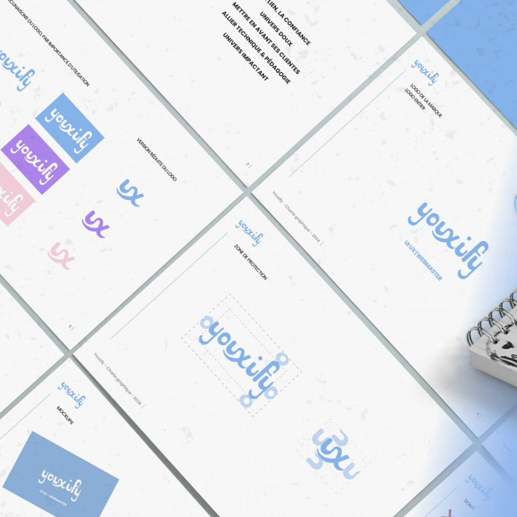 Charte graphique de Youxify, Emeline, réalisée par Julie Martins, Brand et Motion designer pour sa refonte d'image de marque