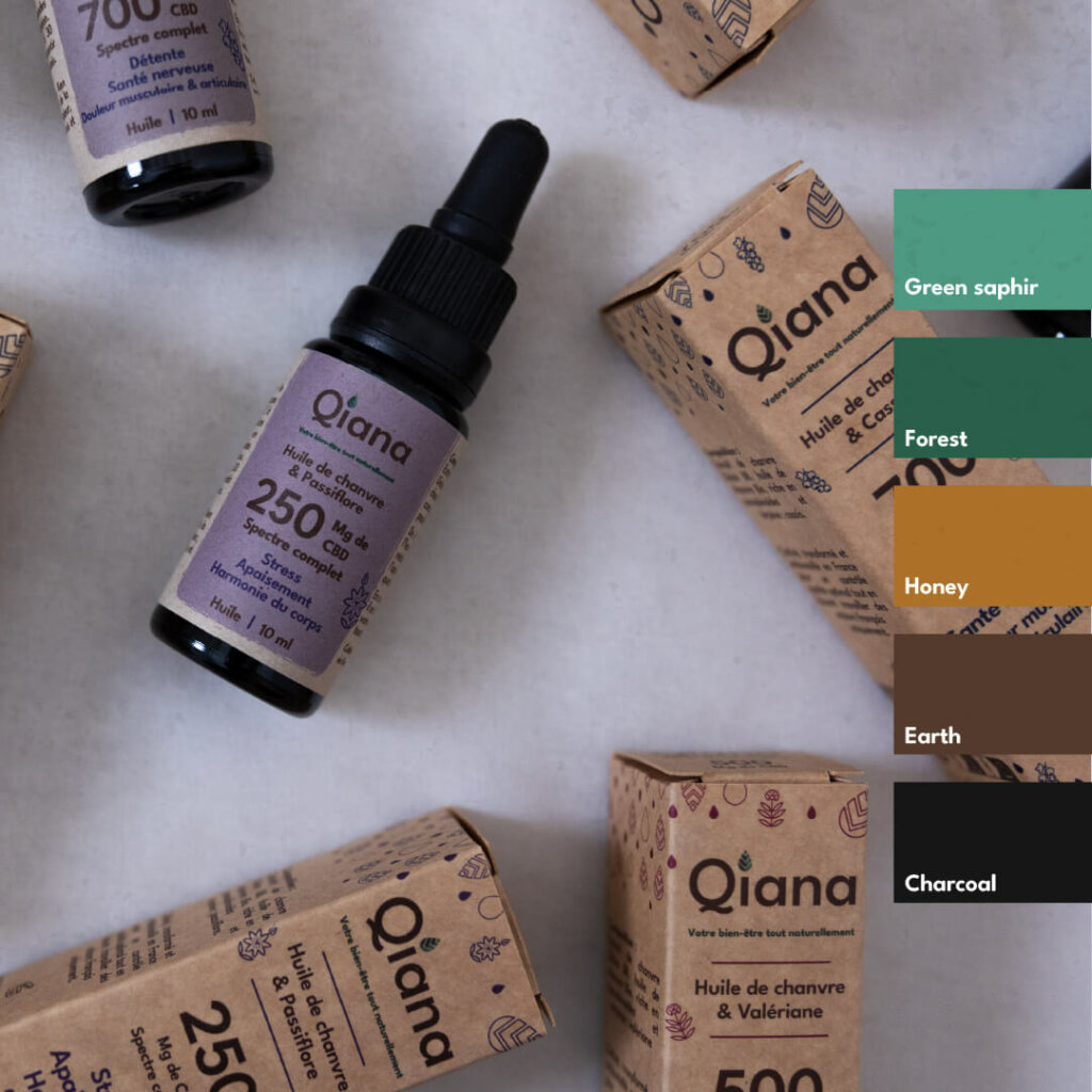 Print & packagings de Qiana réalisé pour Antoine par Julie Martins Brand et Motion designer pour sa création d'Image de Marque et Branding