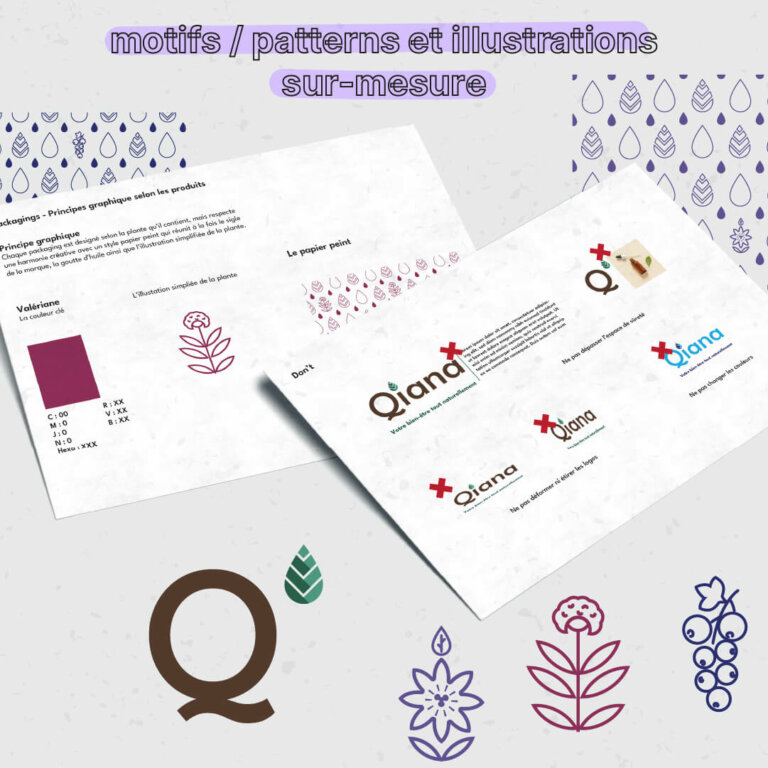 Mini-Charte graphique de Qiana réalisé pour Antoine par Julie Martins Brand et Motion designer pour sa création d'Image de Marque et Branding